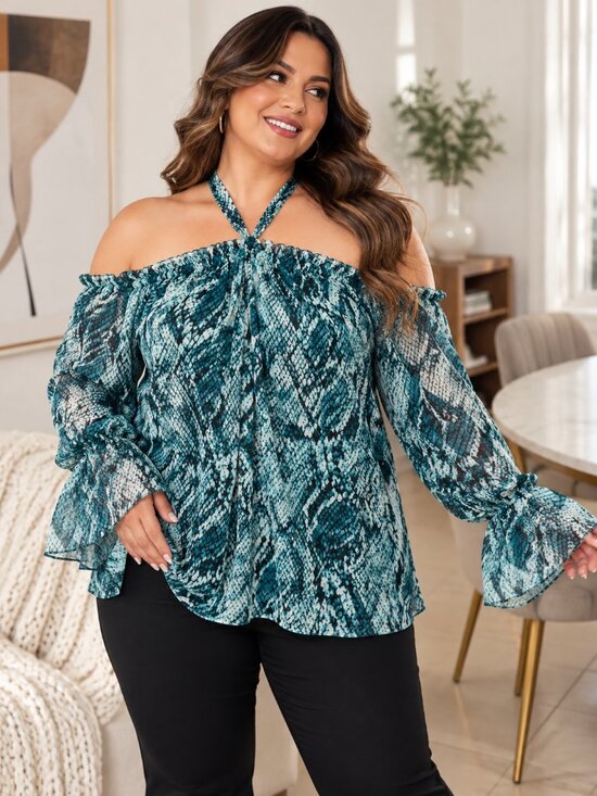 INC International Concepts Tops - INC International Concepts Women's XL Teal Snakeskin Print Cold Shoulder Halter